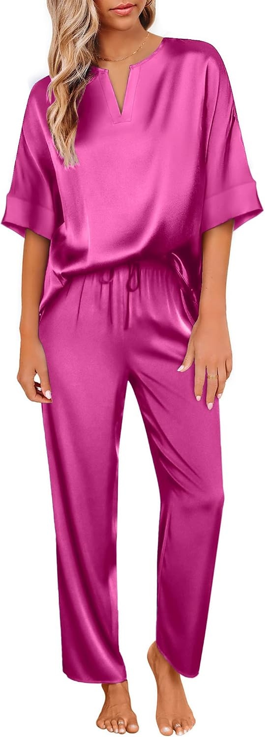 image:imageEkouaer Womens Satin Silky Pajama Set 2 Piece V Neck Silk Pjs with PocketPlum