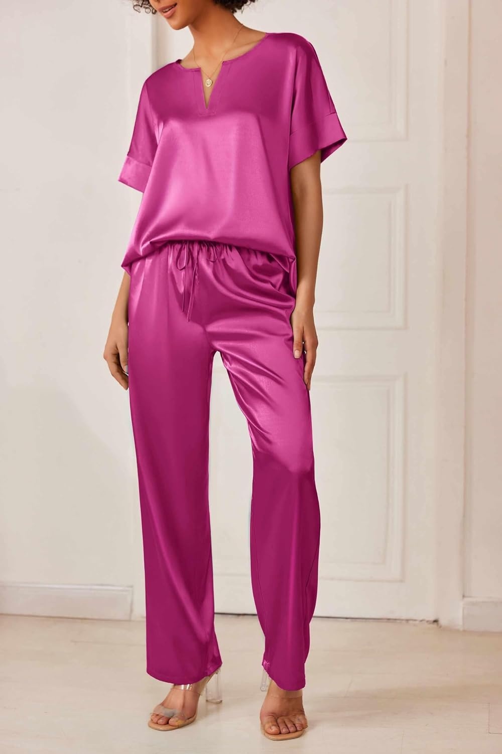 image:imageEkouaer Womens Satin Silky Pajama Set 2 Piece V Neck Silk Pjs with PocketPlum