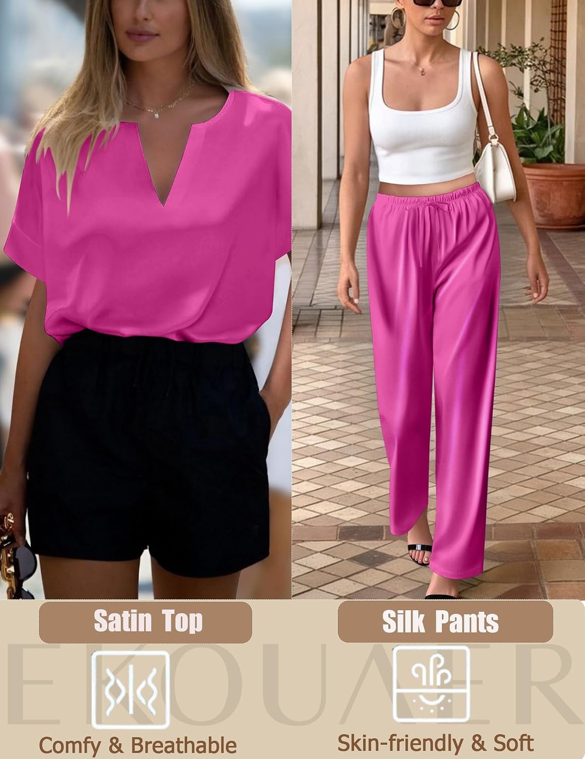 image:imageEkouaer Womens Satin Silky Pajama Set 2 Piece V Neck Silk Pjs with PocketPlum