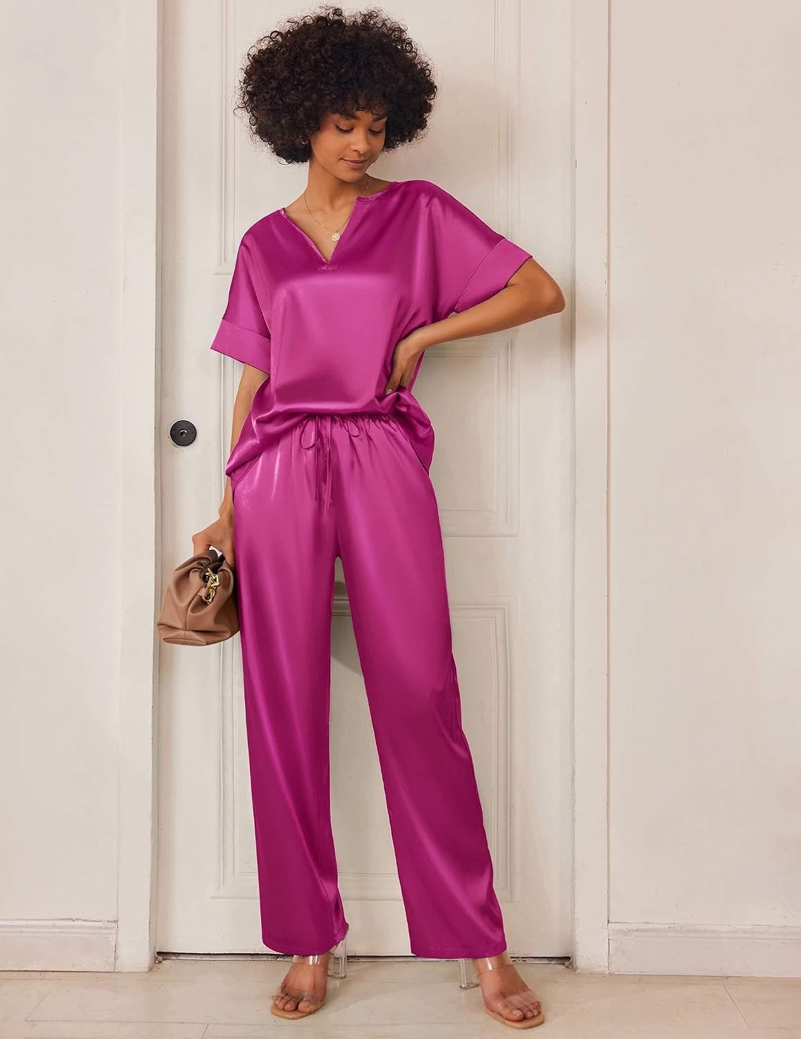 image:imageEkouaer Womens Satin Silky Pajama Set 2 Piece V Neck Silk Pjs with PocketPlum