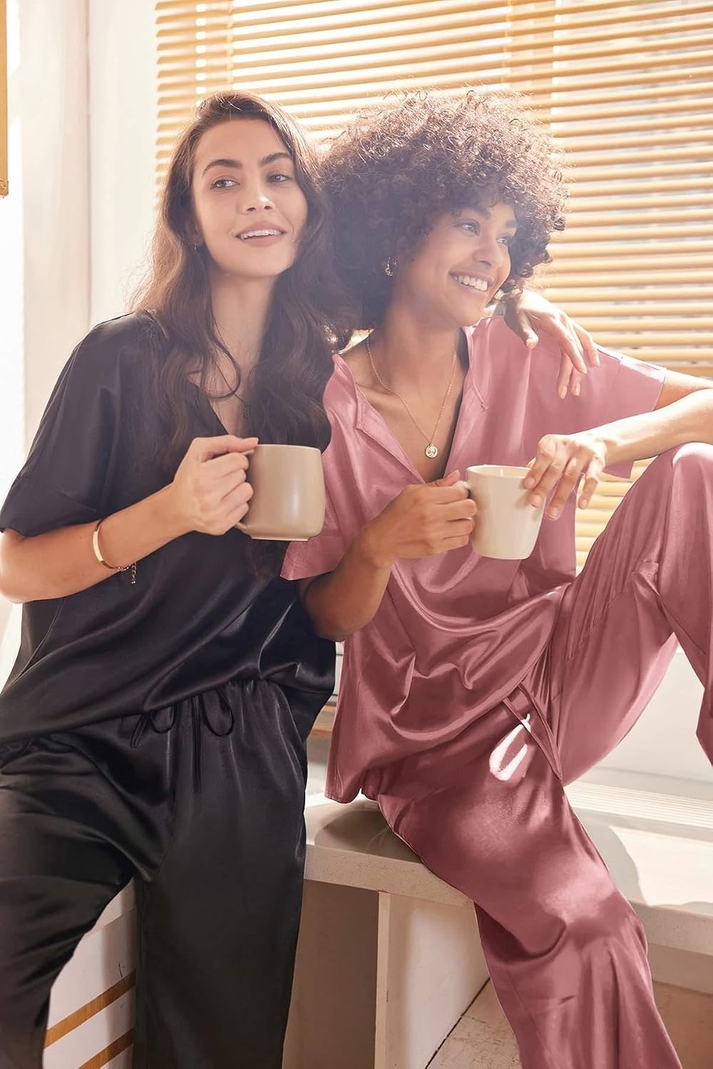 image:imageEkouaer Womens Satin Silky Pajama Set 2 Piece V Neck Silk Pjs with PocketPurplish Red