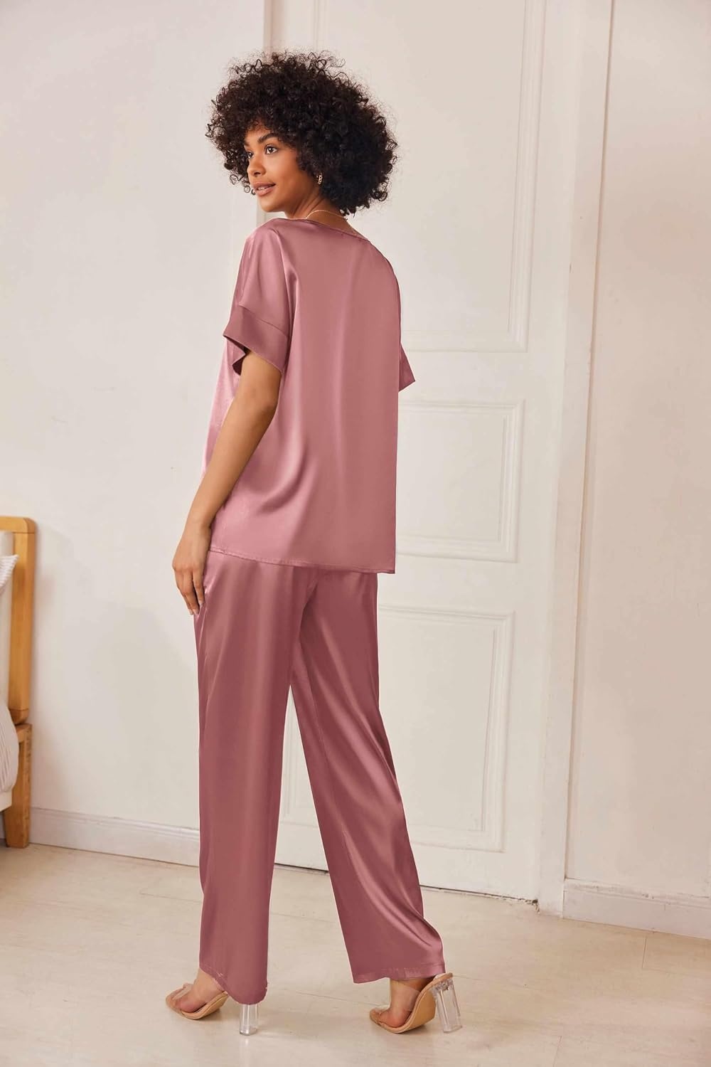image:imageEkouaer Womens Satin Silky Pajama Set 2 Piece V Neck Silk Pjs with PocketPurplish Red