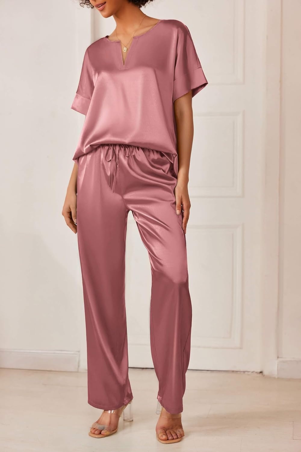 image:imageEkouaer Womens Satin Silky Pajama Set 2 Piece V Neck Silk Pjs with PocketPurplish Red