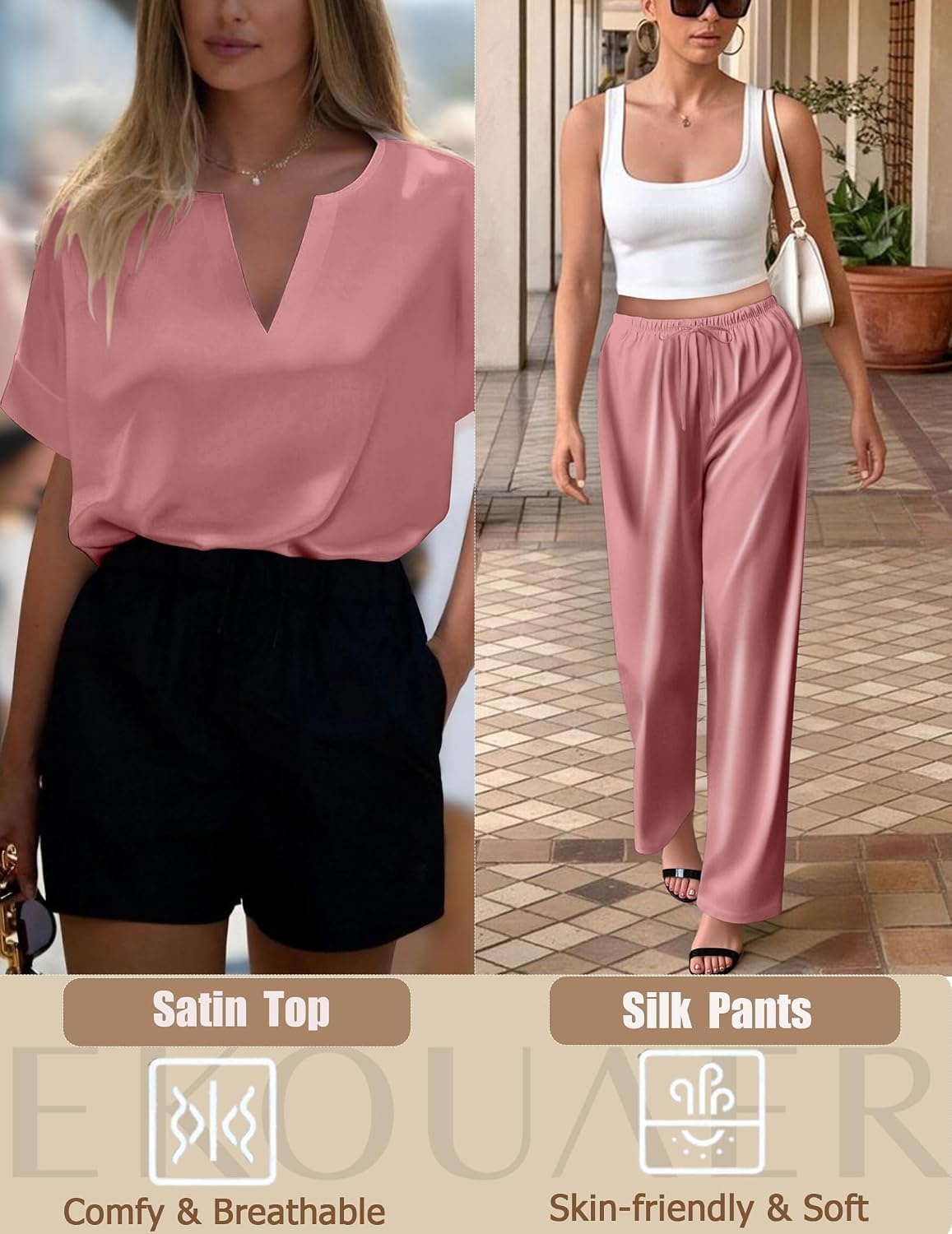 image:imageEkouaer Womens Satin Silky Pajama Set 2 Piece V Neck Silk Pjs with PocketPurplish Red