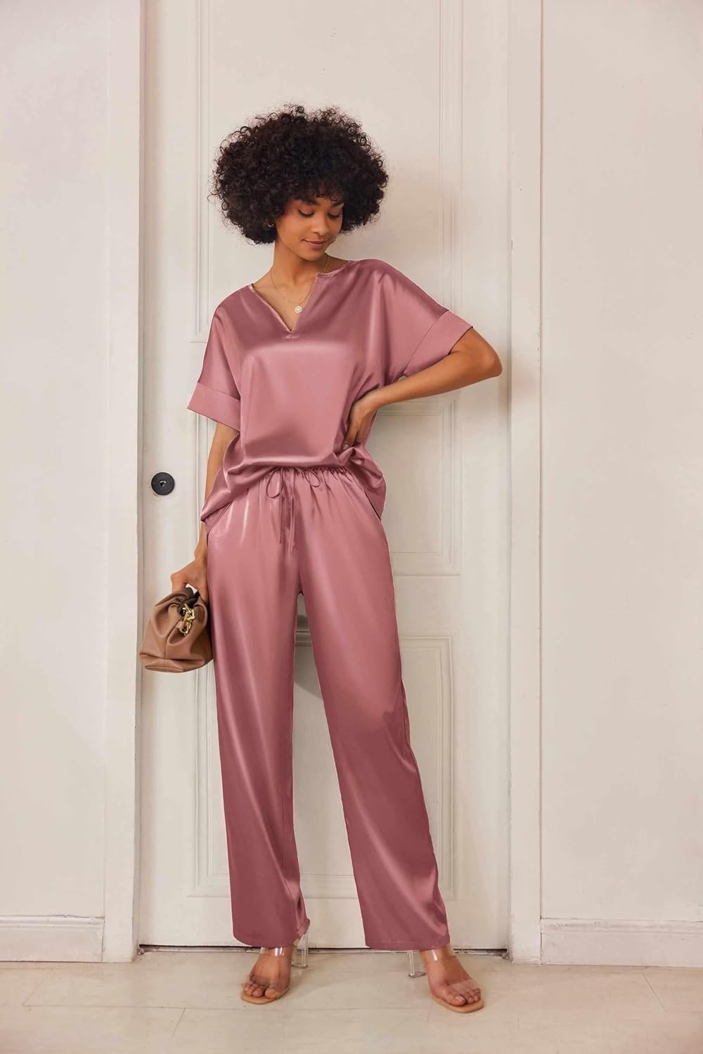 image:imageEkouaer Womens Satin Silky Pajama Set 2 Piece V Neck Silk Pjs with PocketPurplish Red