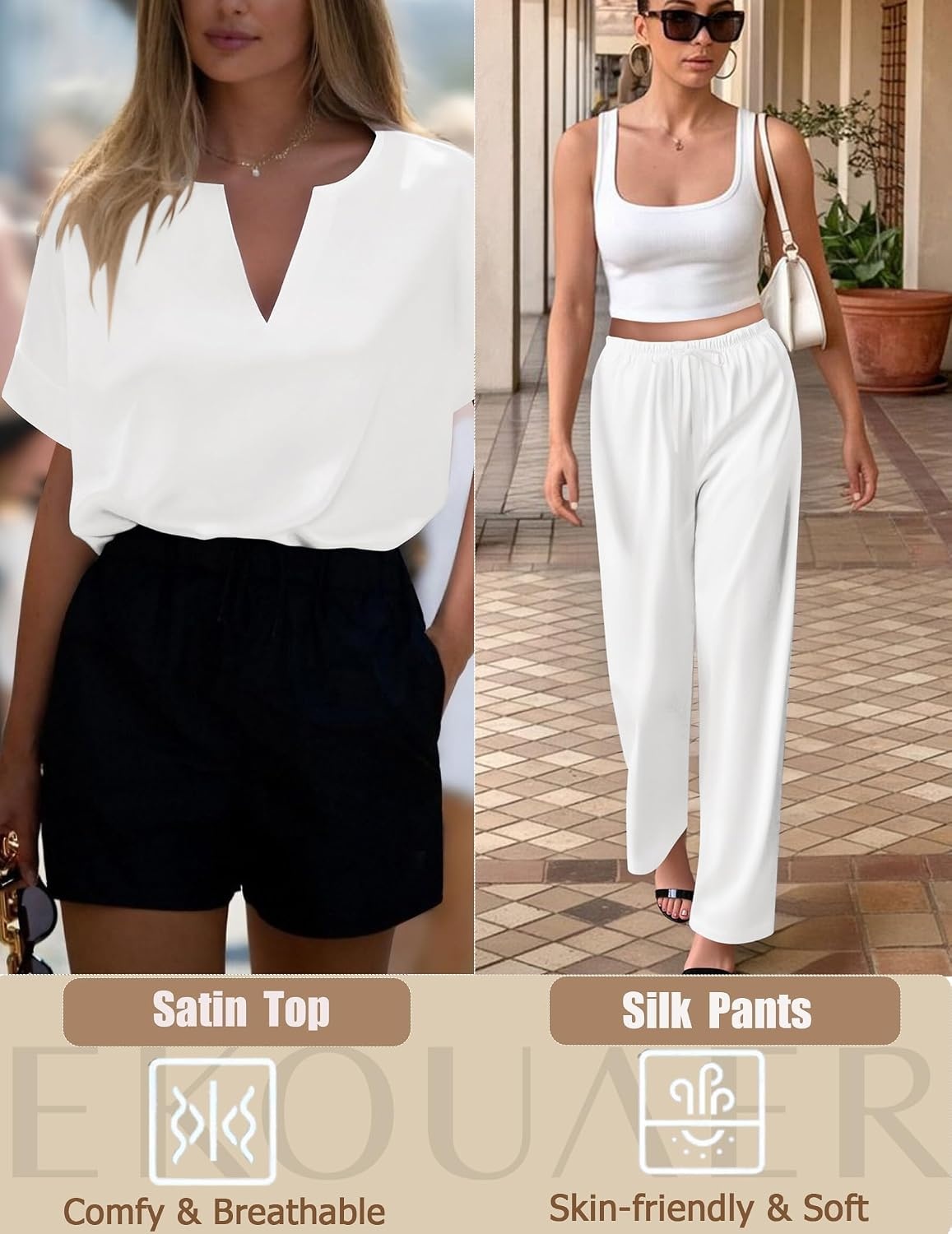 image:imageEkouaer Womens Satin Silky Pajama Set 2 Piece V Neck Silk Pjs with PocketWhite