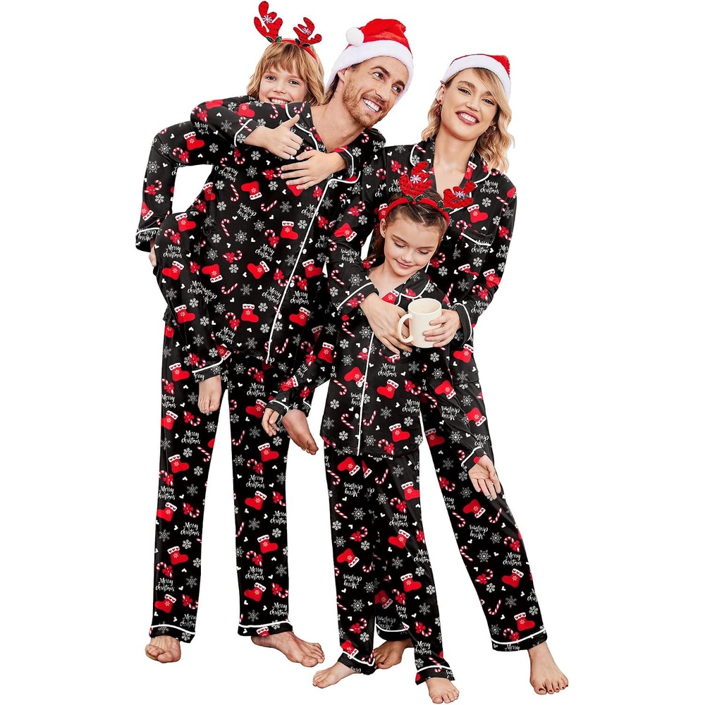 image:imageEkouaer Christmas Family Matching Pajamas Long Sleeve Button Down Pj SetChristmas Black