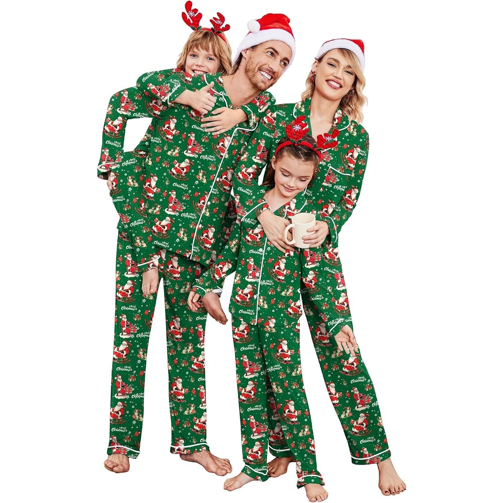image:imageEkouaer Christmas Family Matching Pajamas Long Sleeve Button Down Pj SetChristmas Green