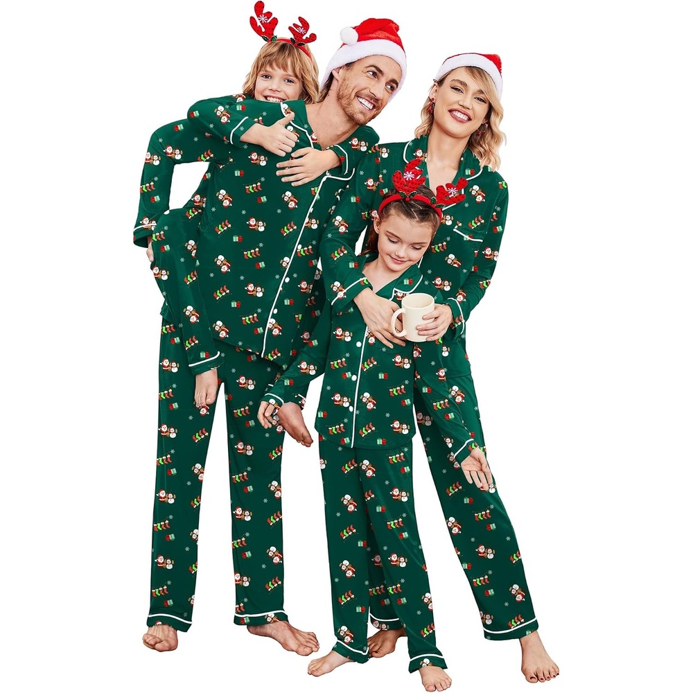 image:imageEkouaer Christmas Family Matching Pajamas Long Sleeve Button Down Pj SetDark GreenCute Pattern