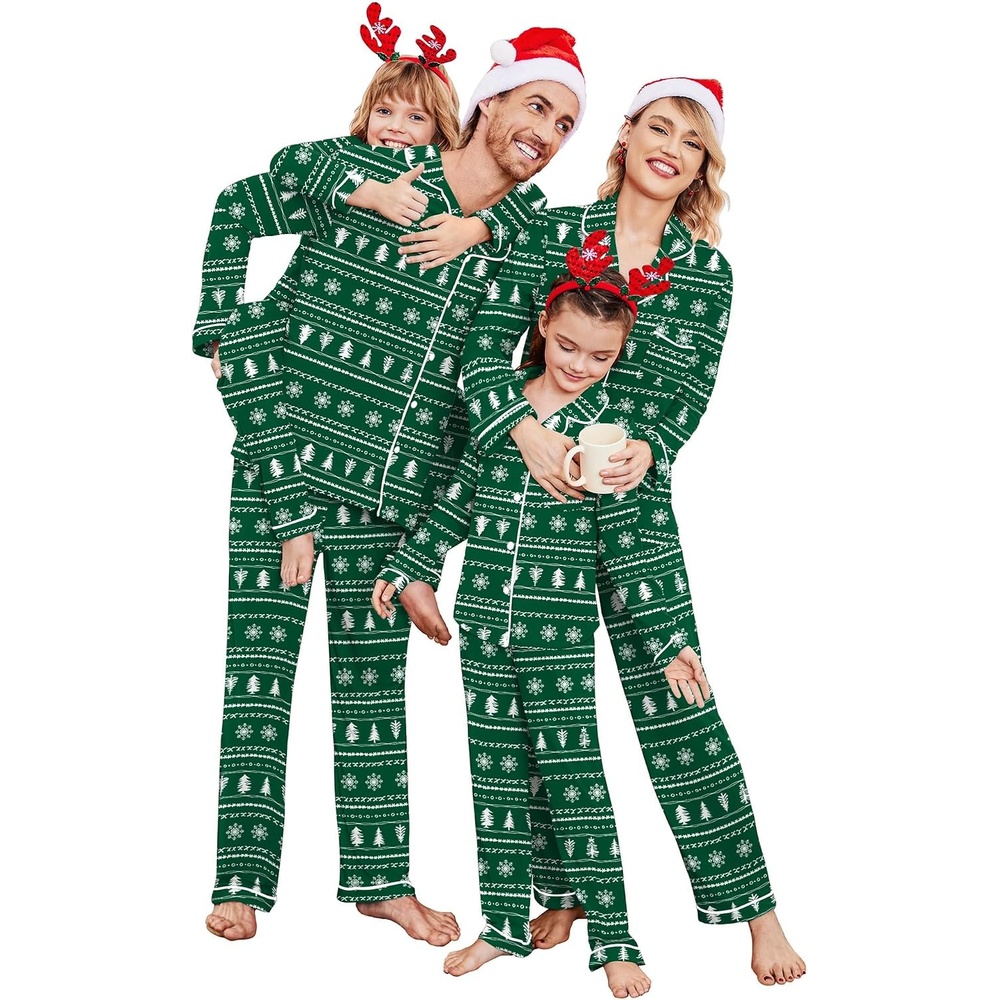 image:imageEkouaer Christmas Family Matching Pajamas Long Sleeve Button Down Pj SetDark GreenSnowflake