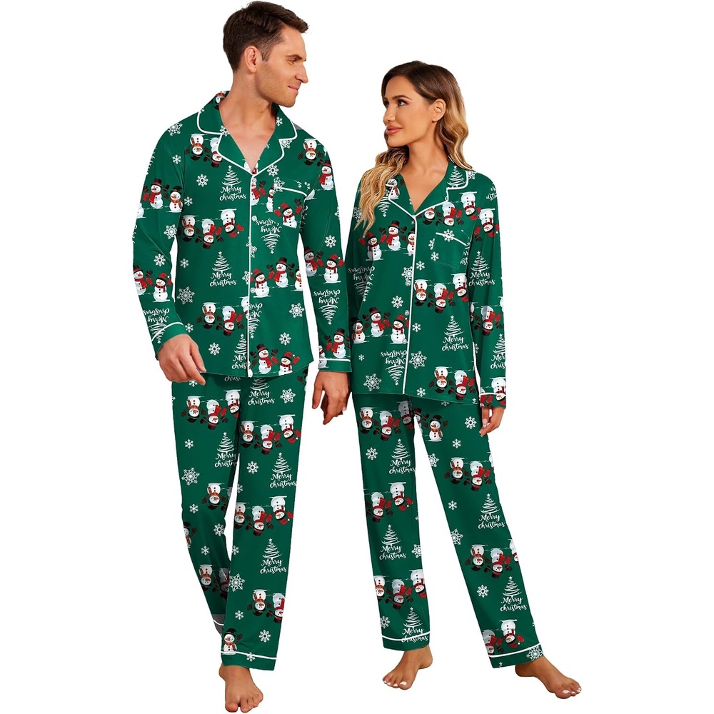 image:imageEkouaer Christmas Family Matching Pajamas Long Sleeve Button Down Pj SetGreen Snowman