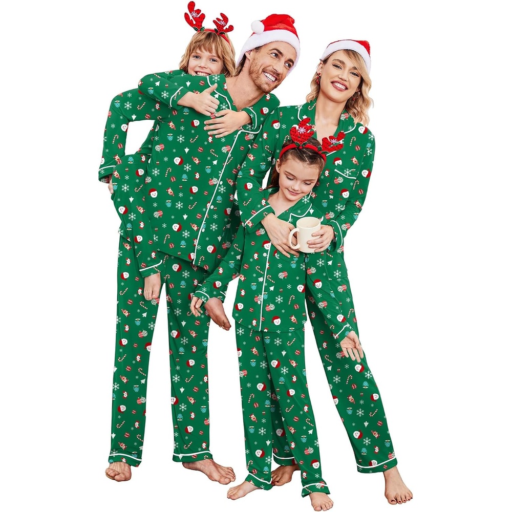 image:imageEkouaer Christmas Family Matching Pajamas Long Sleeve Button Down Pj SetGreenSanta Claus