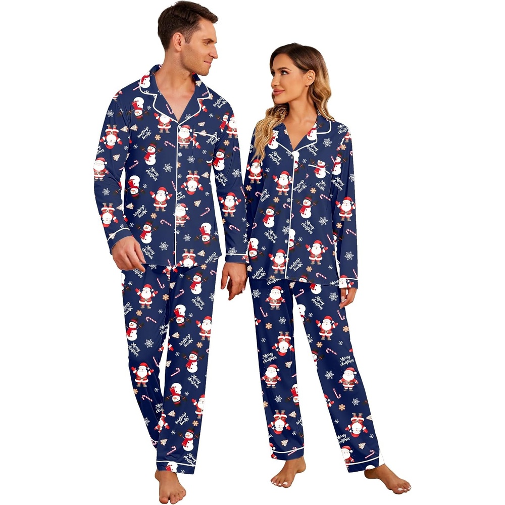 image:imageEkouaer Christmas Family Matching Pajamas Long Sleeve Button Down Pj SetNavy Snowman