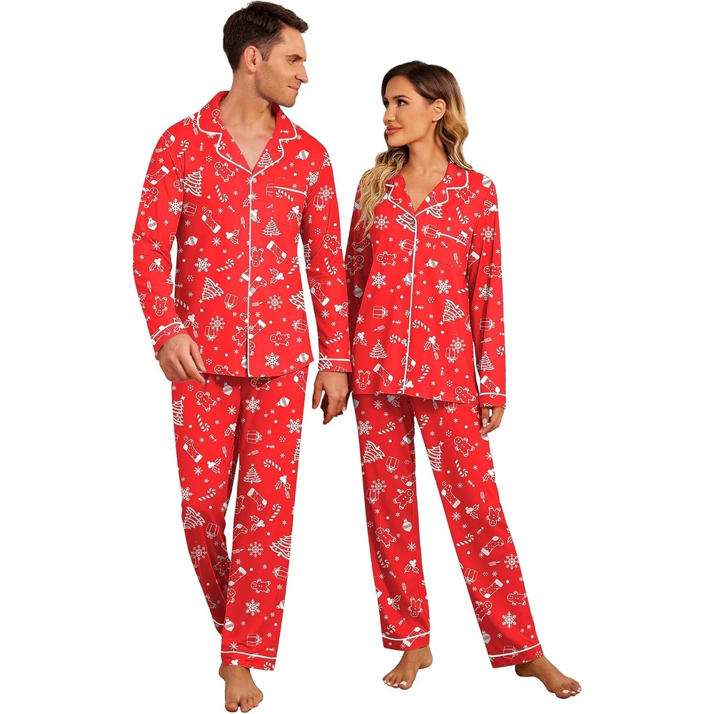 image:imageEkouaer Christmas Family Matching Pajamas Long Sleeve Button Down Pj SetRedTreeSock