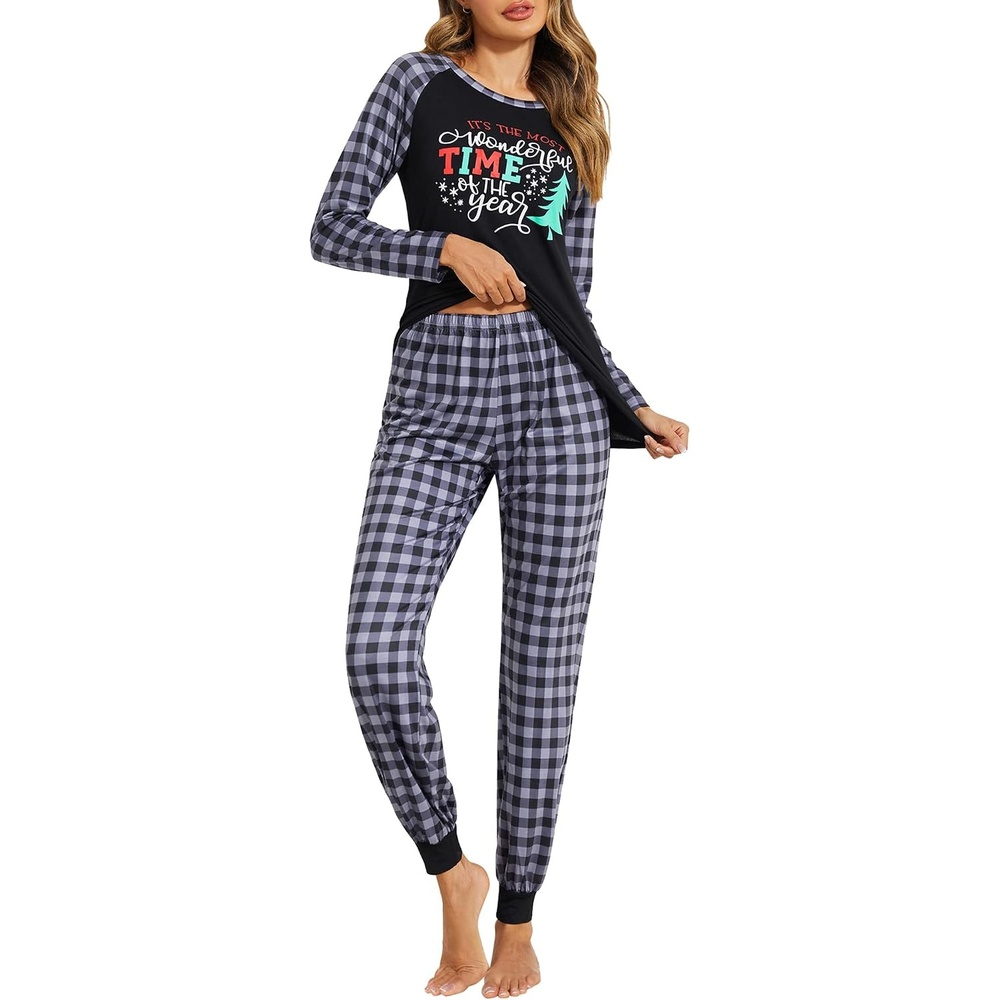 image:imageEkouaer Christmas Pajamas for Women Cute Print Long Sleeve Pj Lounge SetPat9green Plaid Snowflake