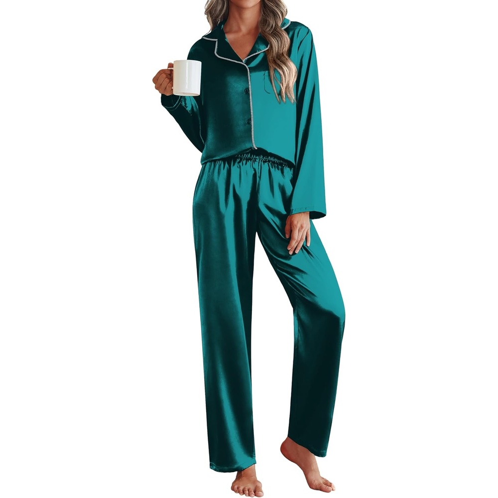 image:imageEkouaer Pajamas For Women Silk Pjs Long Sleeve Button Down Lounge SetsBlue Green