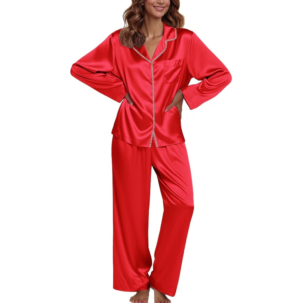 image:imageEkouaer Pajamas For Women Silk Pjs Long Sleeve Button Down Lounge SetsChristmas Red
