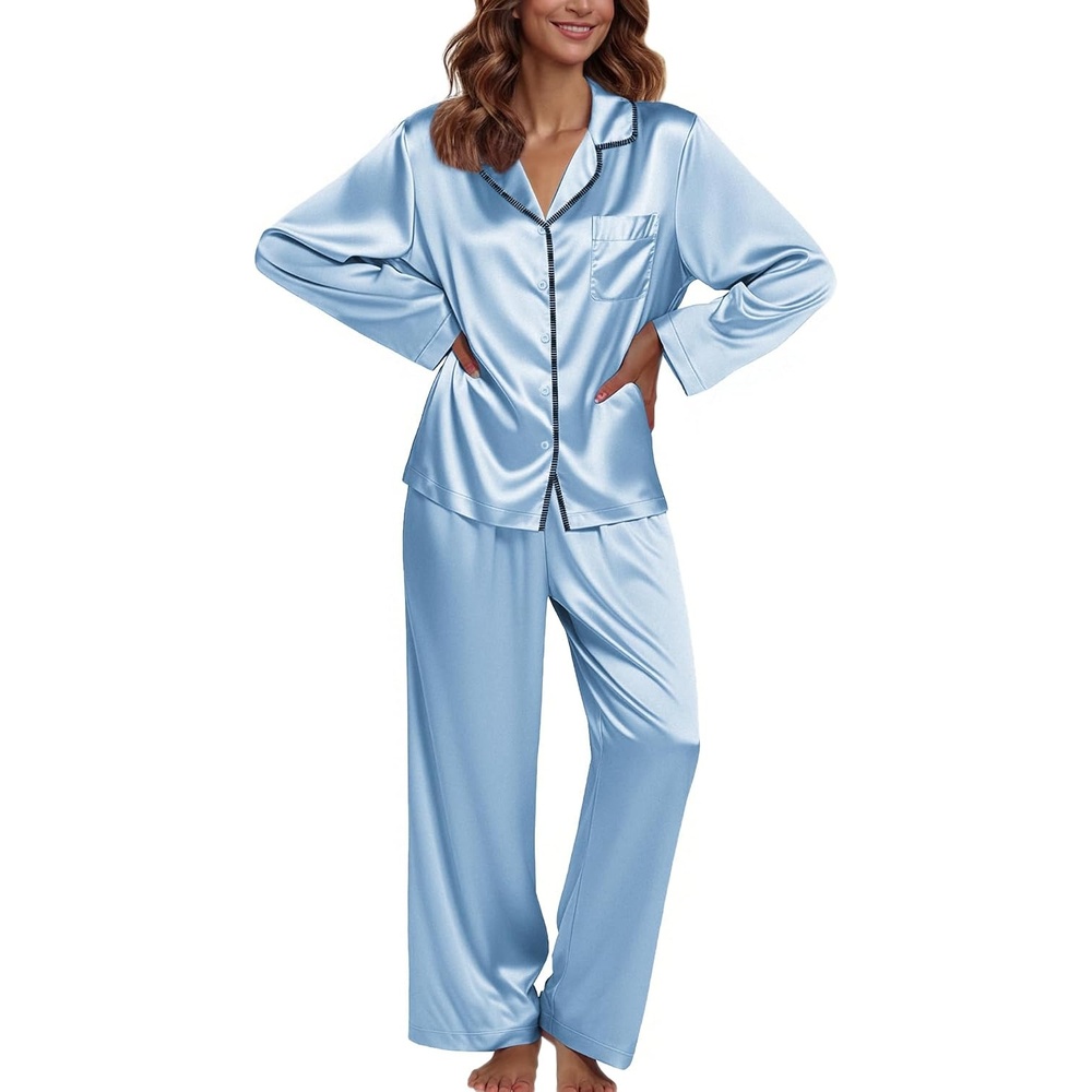 image:imageEkouaer Pajamas For Women Silk Pjs Long Sleeve Button Down Lounge SetsClear Blue
