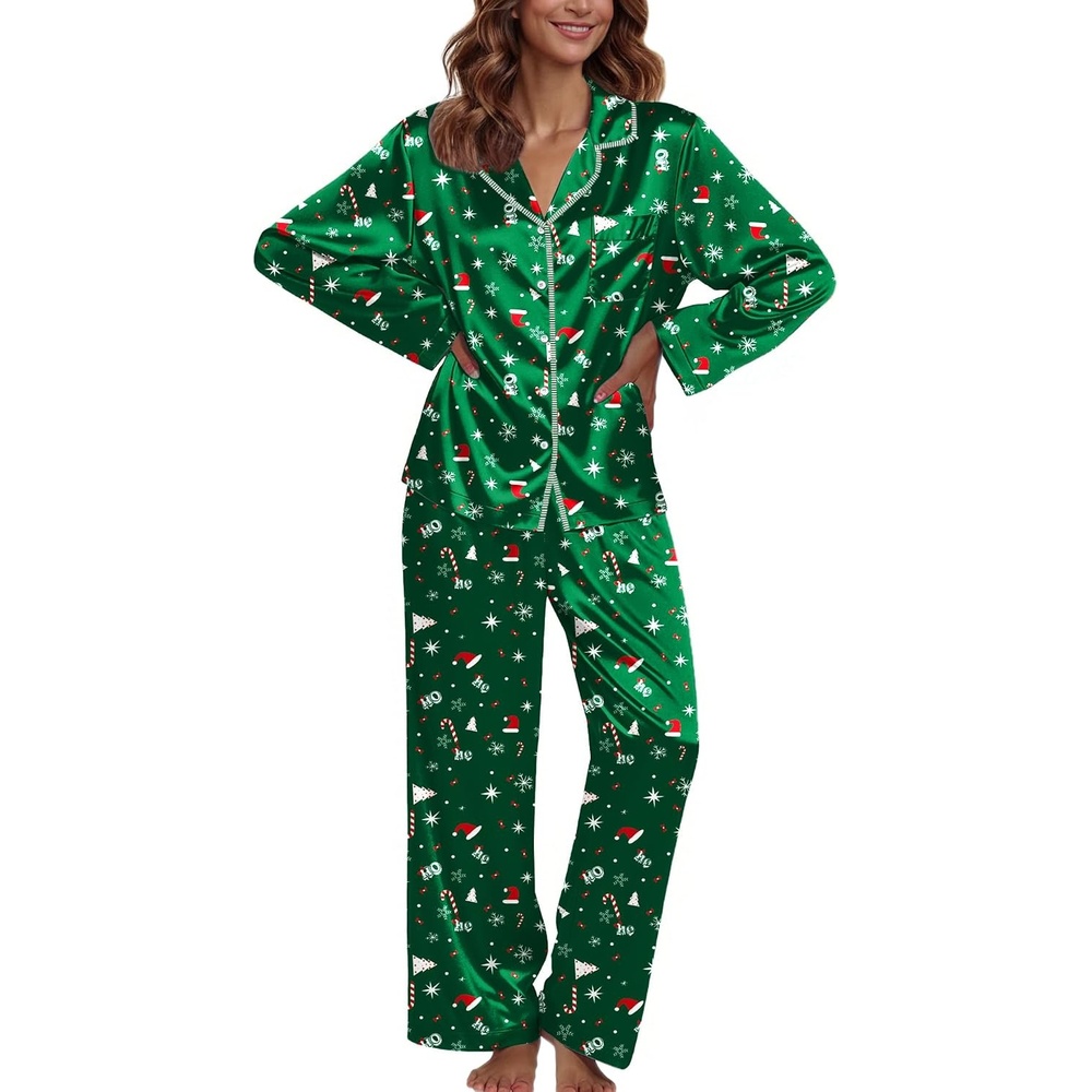 image:imageEkouaer Pajamas For Women Silk Pjs Long Sleeve Button Down Lounge SetsGreen Christmas Pattern