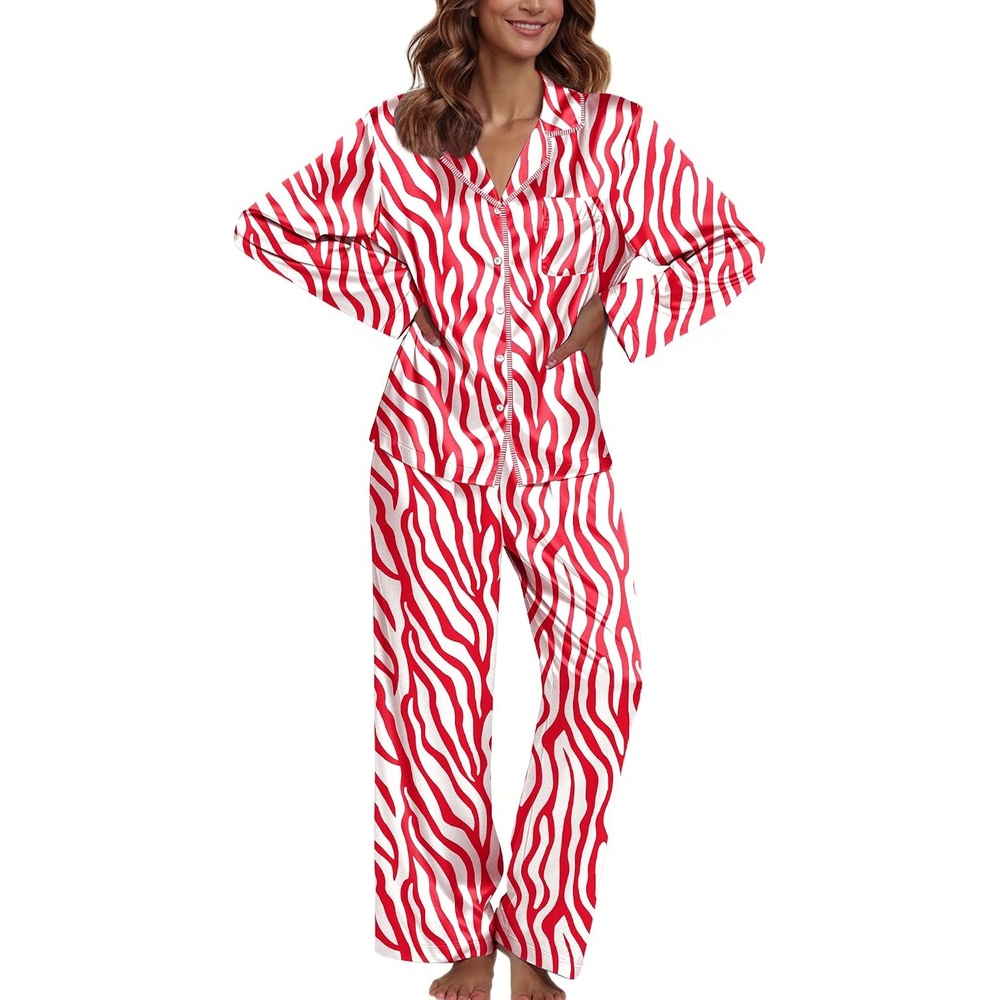 image:imageEkouaer Pajamas For Women Silk Pjs Long Sleeve Button Down Lounge SetsRed Zebra Print