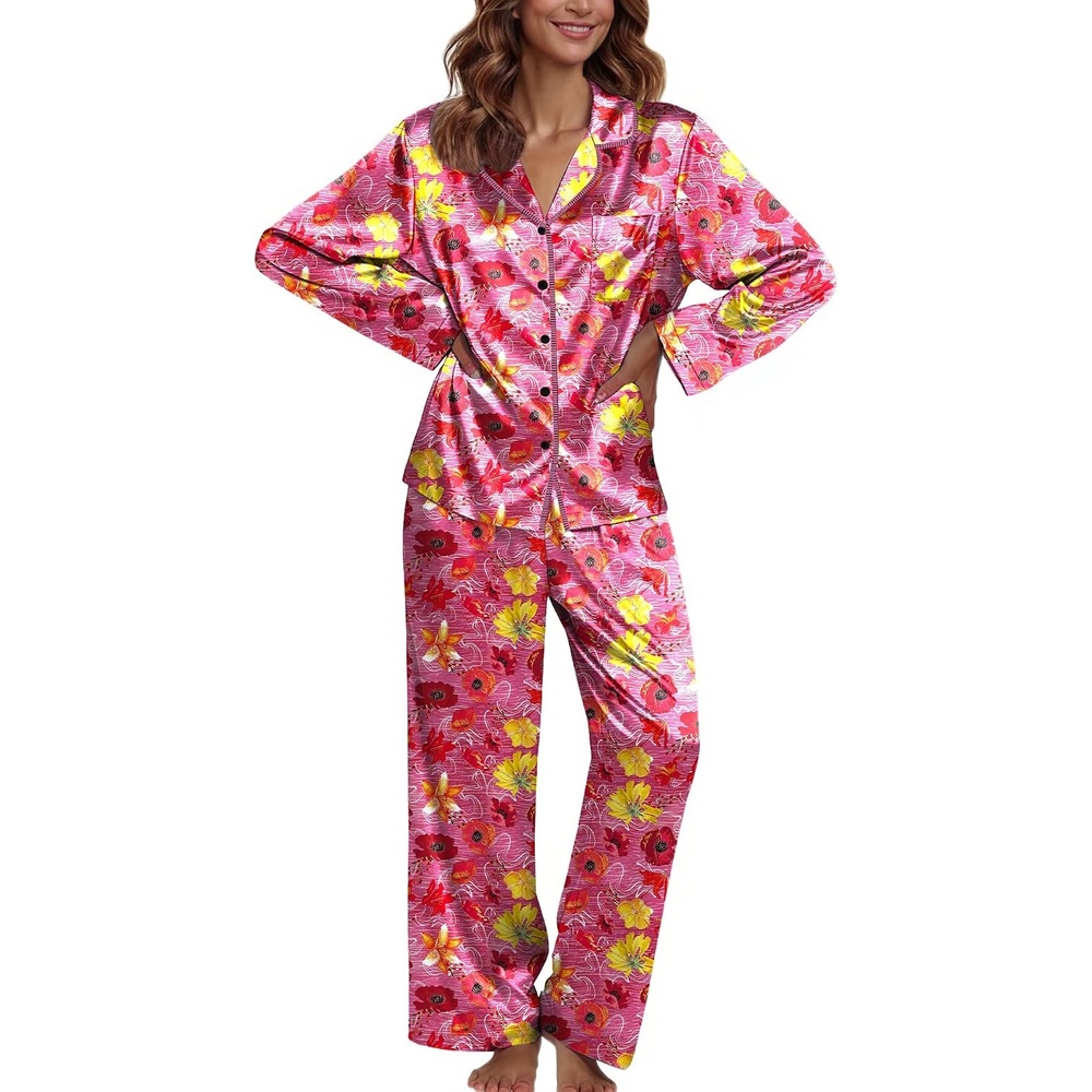 image:imageEkouaer Pajamas For Women Silk Pjs Long Sleeve Button Down Lounge SetsRose Red With Flower
