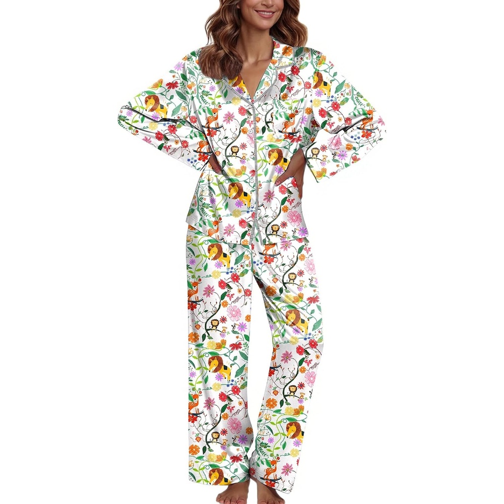 image:imageEkouaer Pajamas For Women Silk Pjs Long Sleeve Button Down Lounge SetsWhite With Animals
