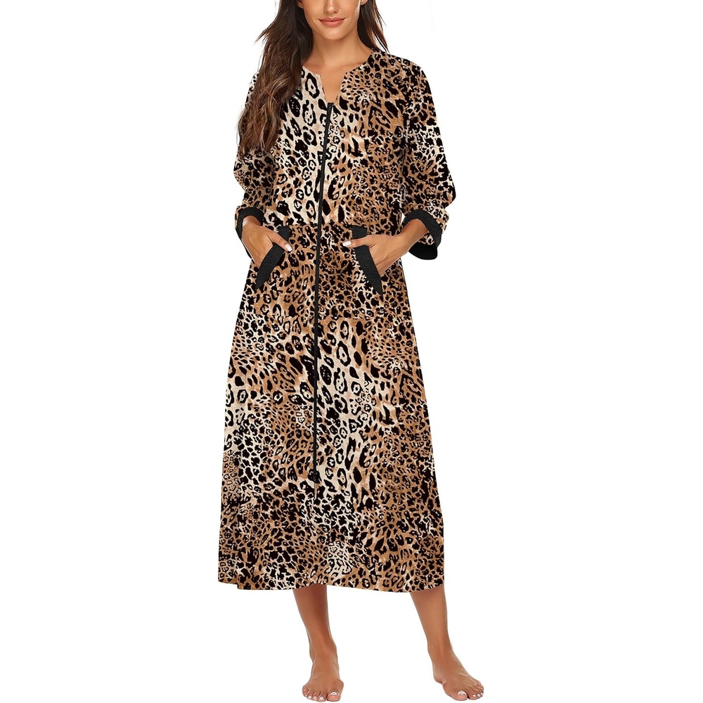 image:imageEkouaer Robes for Women Zipper Robe 34 Sleeves Housecoat with PocketsLeopard Print