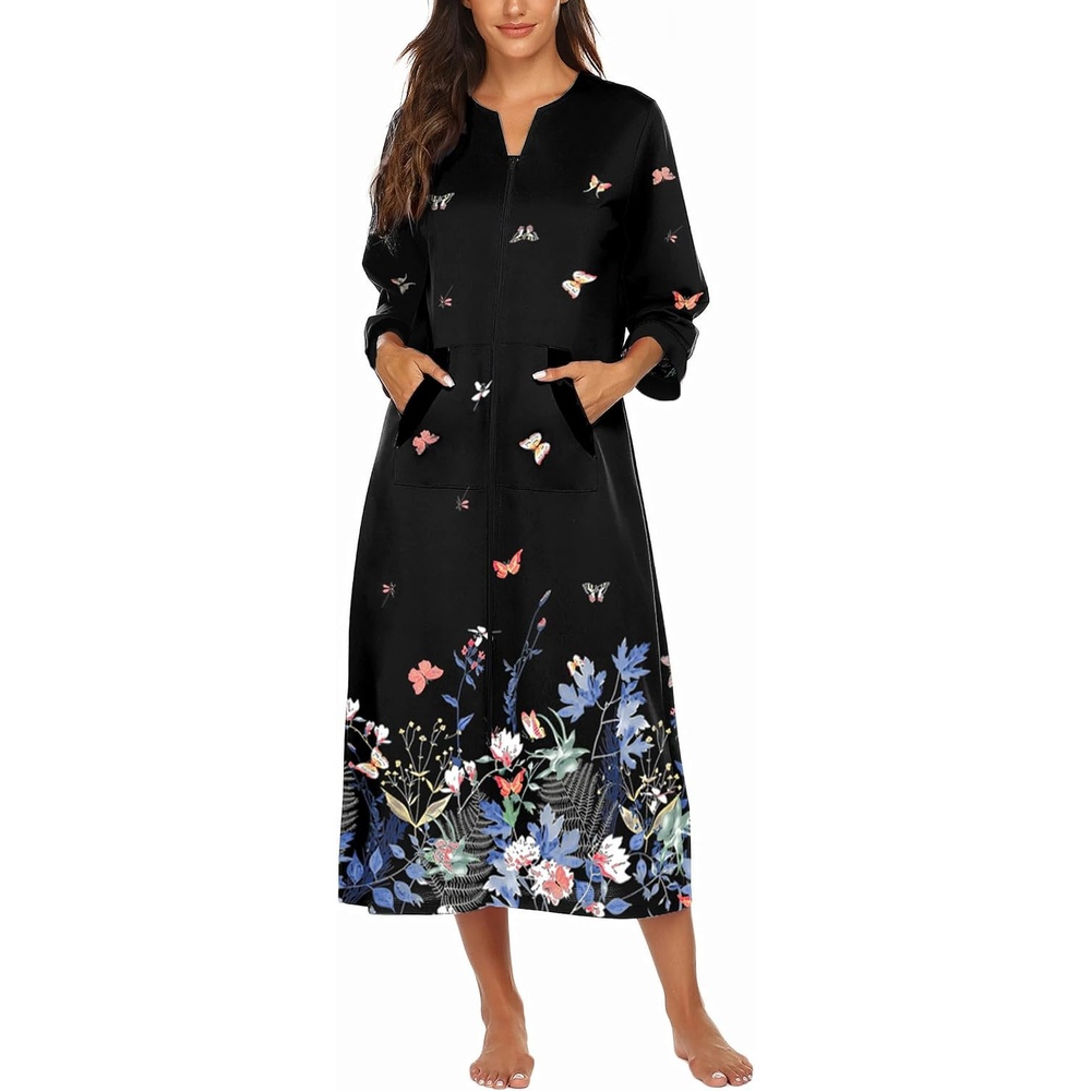 image:imageEkouaer Robes for Women Zipper Robe 34 Sleeves Housecoat with PocketsStyle 1butterfly Floral