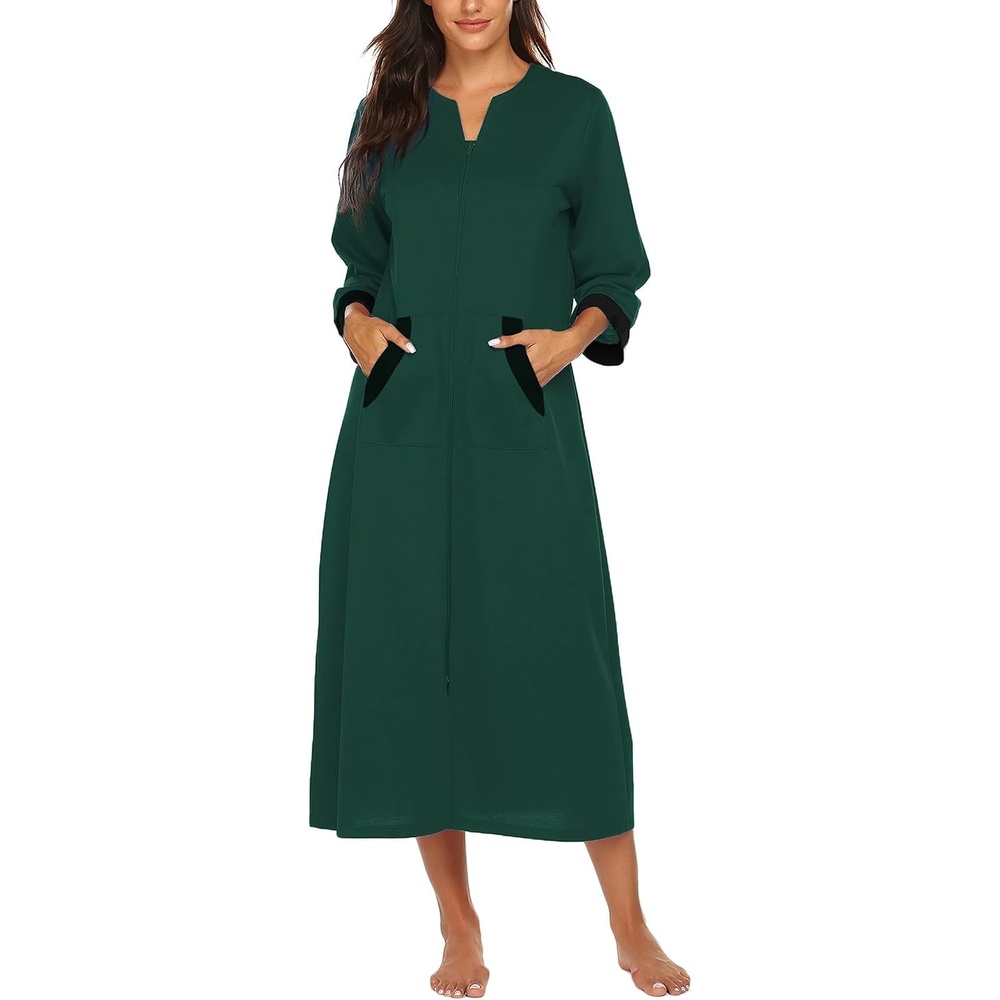 image:imageEkouaer Robes for Women Zipper Robe 34 Sleeves Housecoat with PocketsStyle 1dark Green