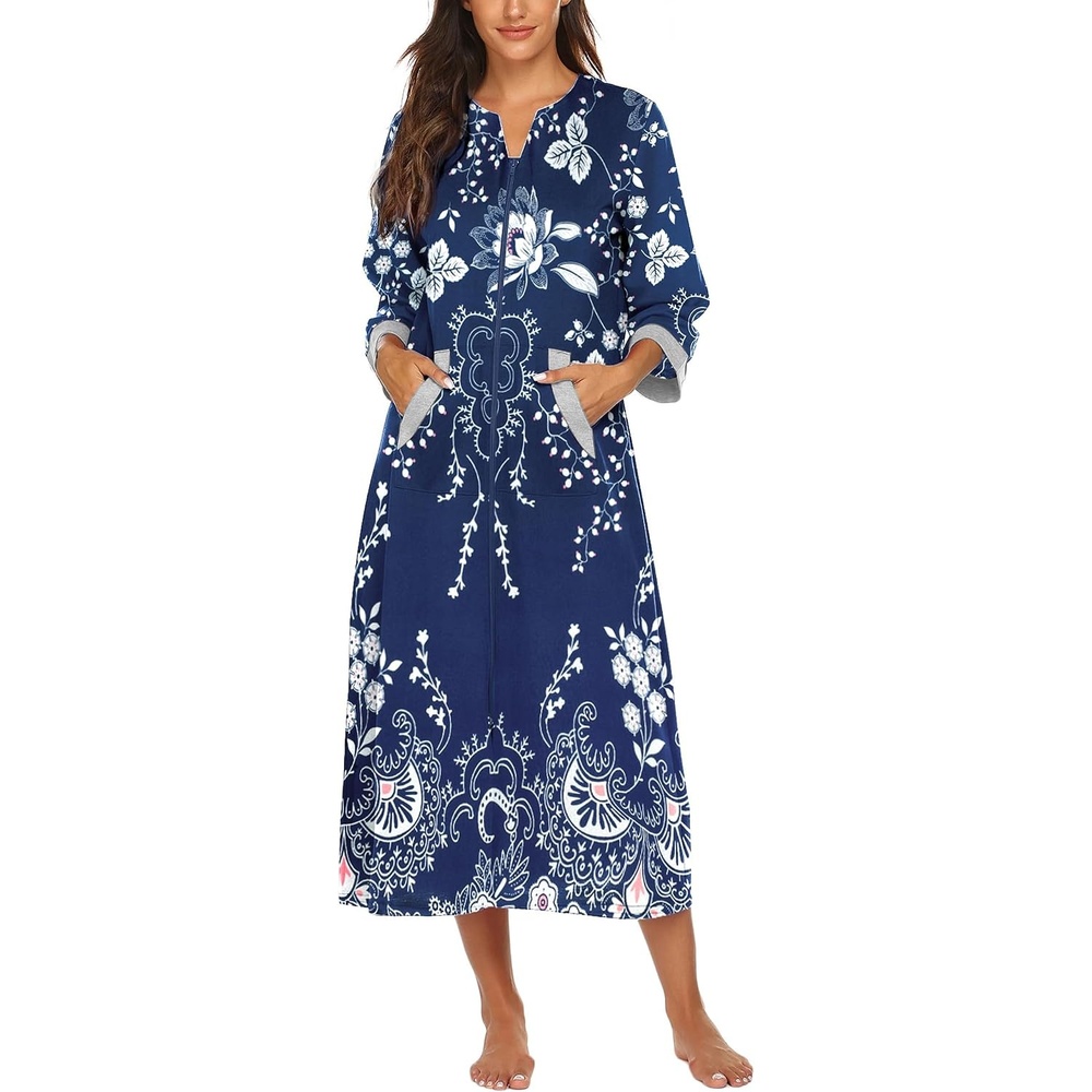 image:imageEkouaer Robes for Women Zipper Robe 34 Sleeves Housecoat with PocketsStyle 1evening Blue Vines