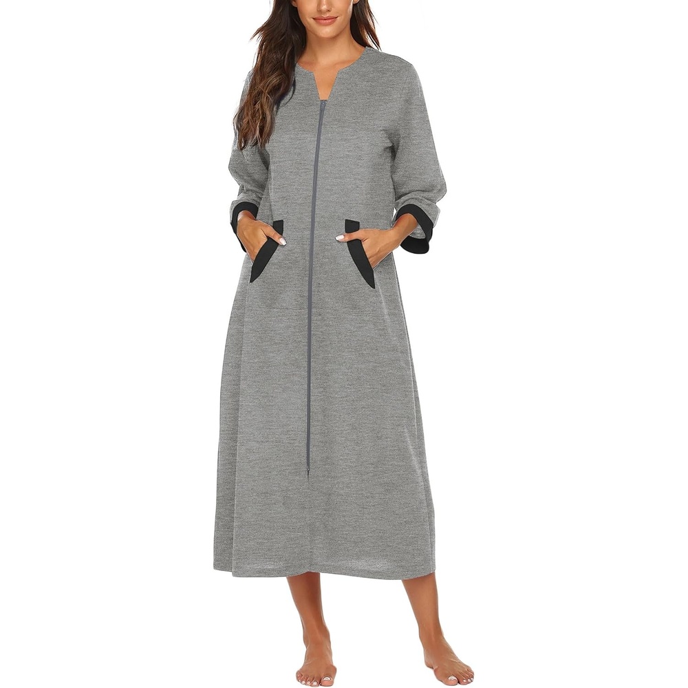 image:imageEkouaer Robes for Women Zipper Robe 34 Sleeves Housecoat with PocketsStyle 1grey