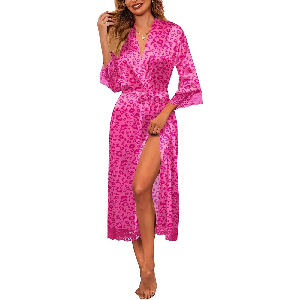 image:imageEkouaer Silk Robes for Women Lace Trim Kimono Bathrobe Bridal RobeHot Pink Leopard