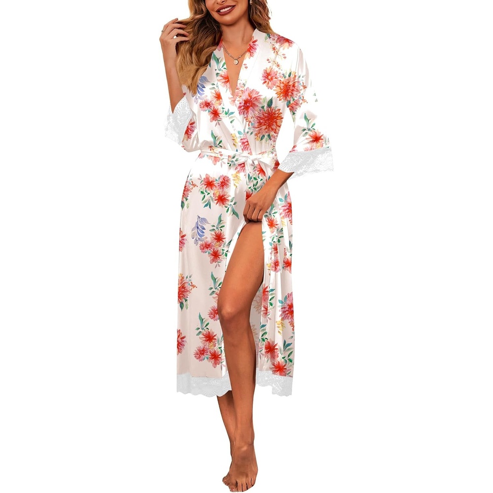 image:imageEkouaer Silk Robes for Women Lace Trim Kimono Bathrobe Bridal RobePink Floral