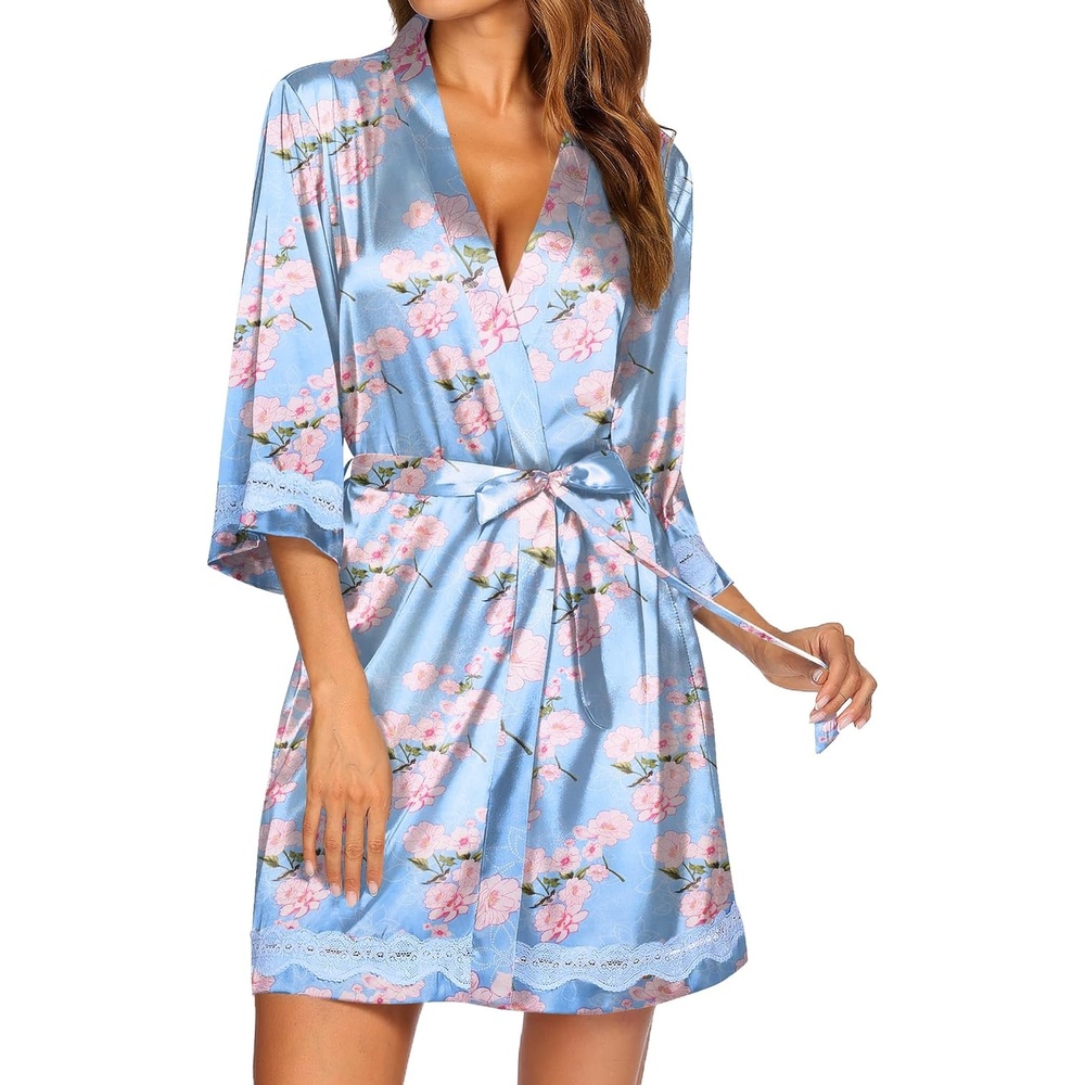 image:imageEkouaer Women Silky Satin Robe Lace Bridesmaid Bathrobes Kimono LoungewearBlue Pink Floral