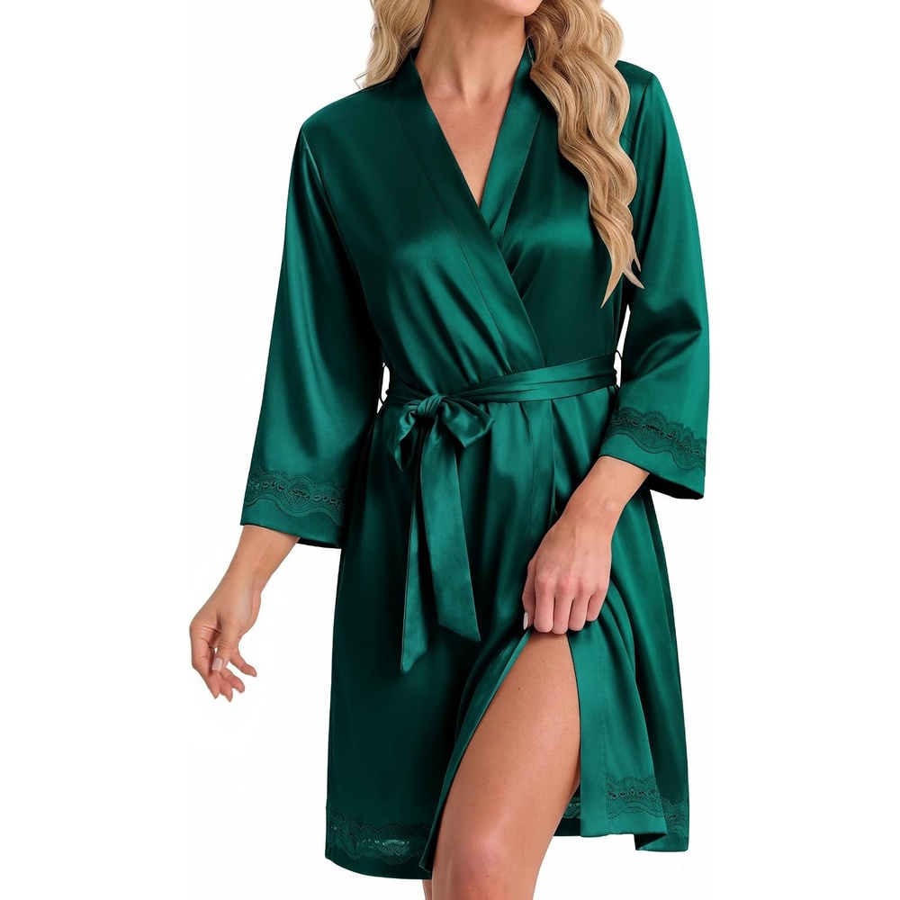 image:imageEkouaer Women Silky Satin Robe Lace Bridesmaid Bathrobes Kimono LoungewearDark Green