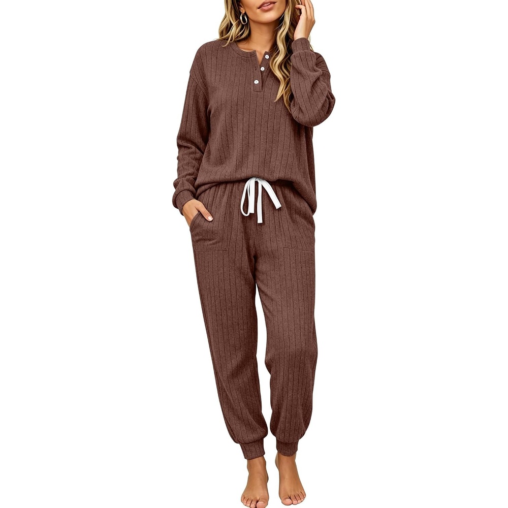 image:imageEkouaer Womens Pajamas Set Knit Pjs Long Sleeve Lounge Set Soft LoungewearBrown