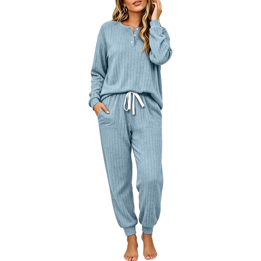 image:imageEkouaer Womens Pajamas Set Knit Pjs Long Sleeve Lounge Set Soft LoungewearLight Blue