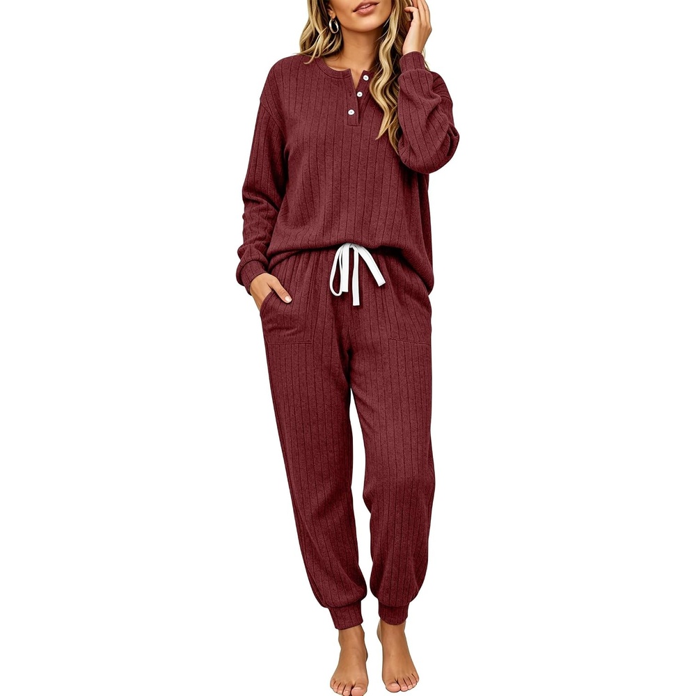 image:imageEkouaer Womens Pajamas Set Knit Pjs Long Sleeve Lounge Set Soft LoungewearWine Red