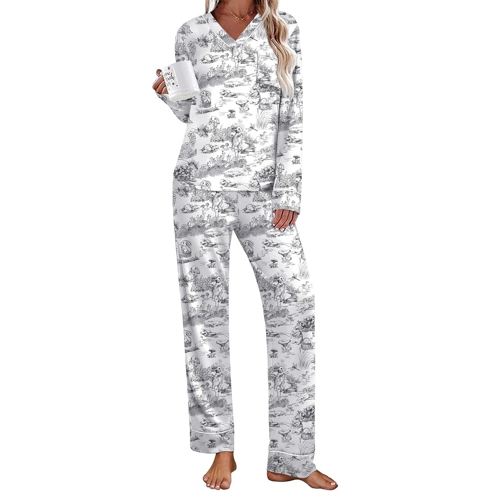 image:imageEkouaer Womens Pajamas Sets 2 Piece PJs Long Sleeve Sleepwear LoungewearBlack Rabbit