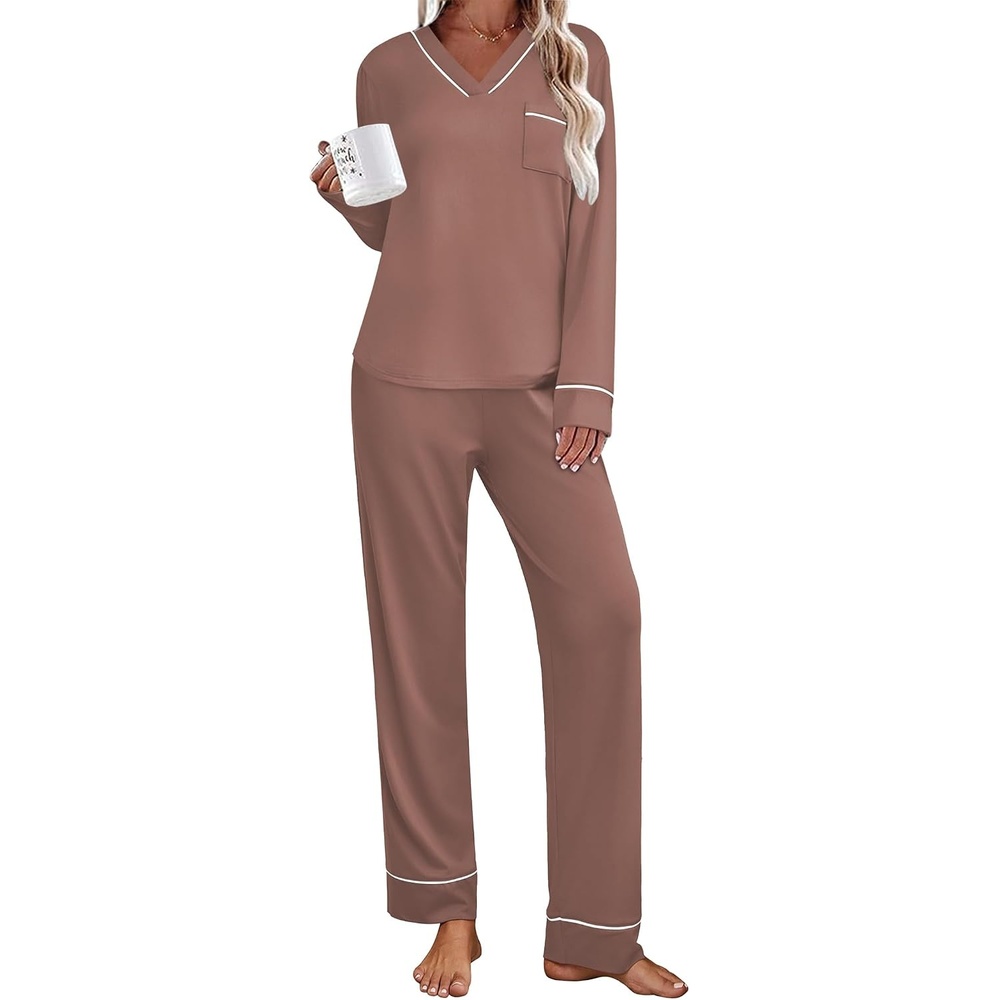 image:imageEkouaer Womens Pajamas Sets 2 Piece PJs Long Sleeve Sleepwear LoungewearBrown