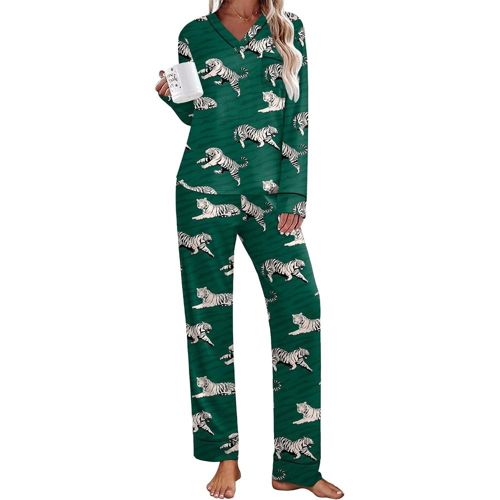 image:imageEkouaer Womens Pajamas Sets 2 Piece PJs Long Sleeve Sleepwear LoungewearGreen Tiger