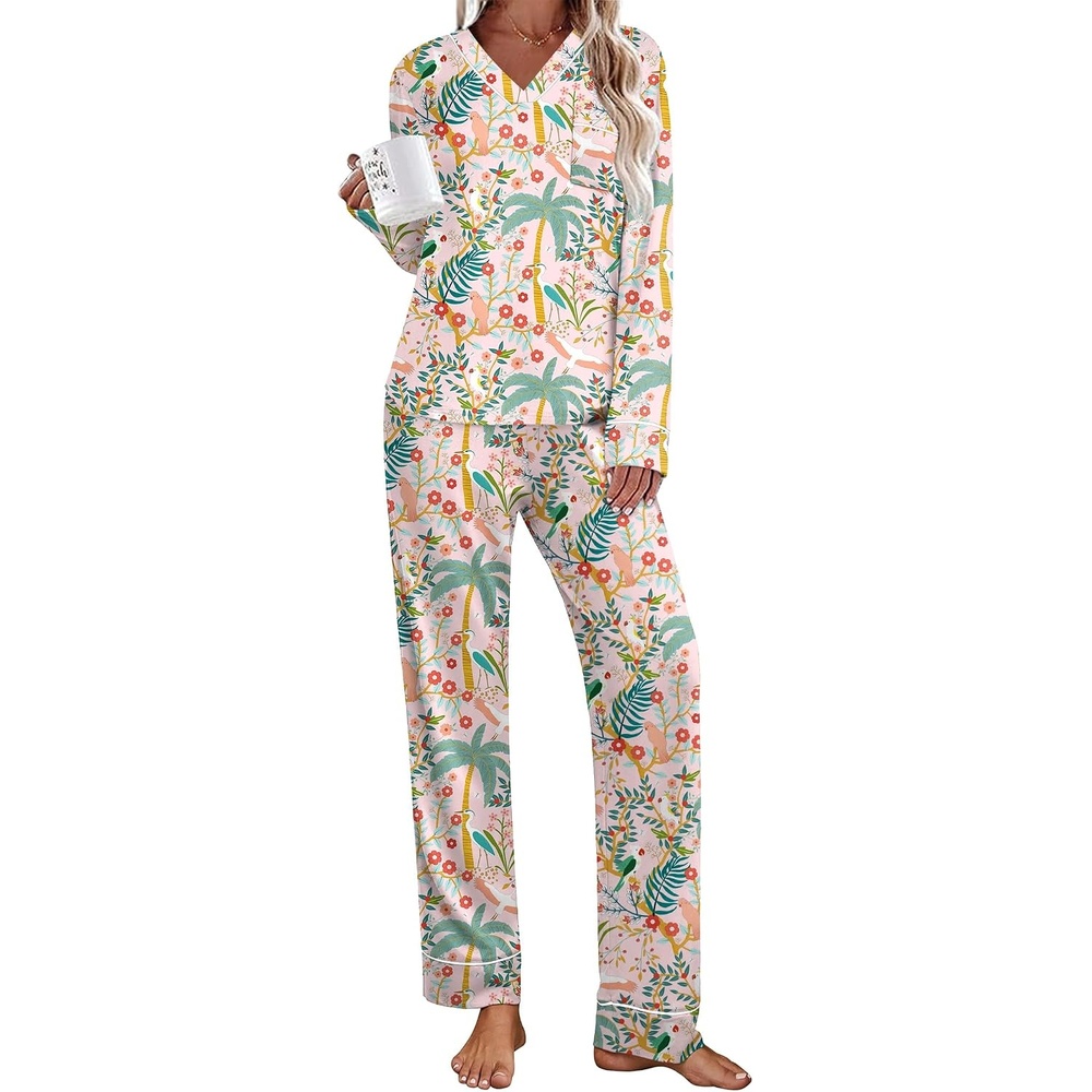 image:imageEkouaer Womens Pajamas Sets 2 Piece PJs Long Sleeve Sleepwear LoungewearPink Forest