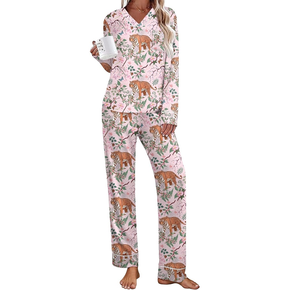 image:imageEkouaer Womens Pajamas Sets 2 Piece PJs Long Sleeve Sleepwear LoungewearPink Tiger