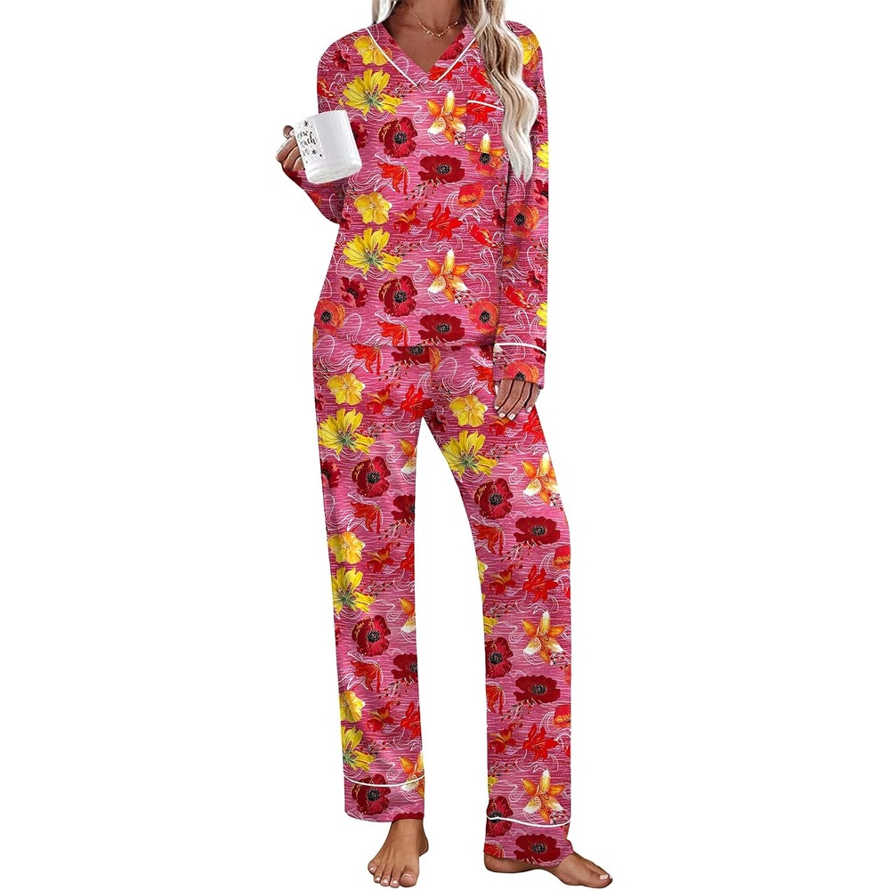 image:imageEkouaer Womens Pajamas Sets 2 Piece PJs Long Sleeve Sleepwear LoungewearRose Red Flower