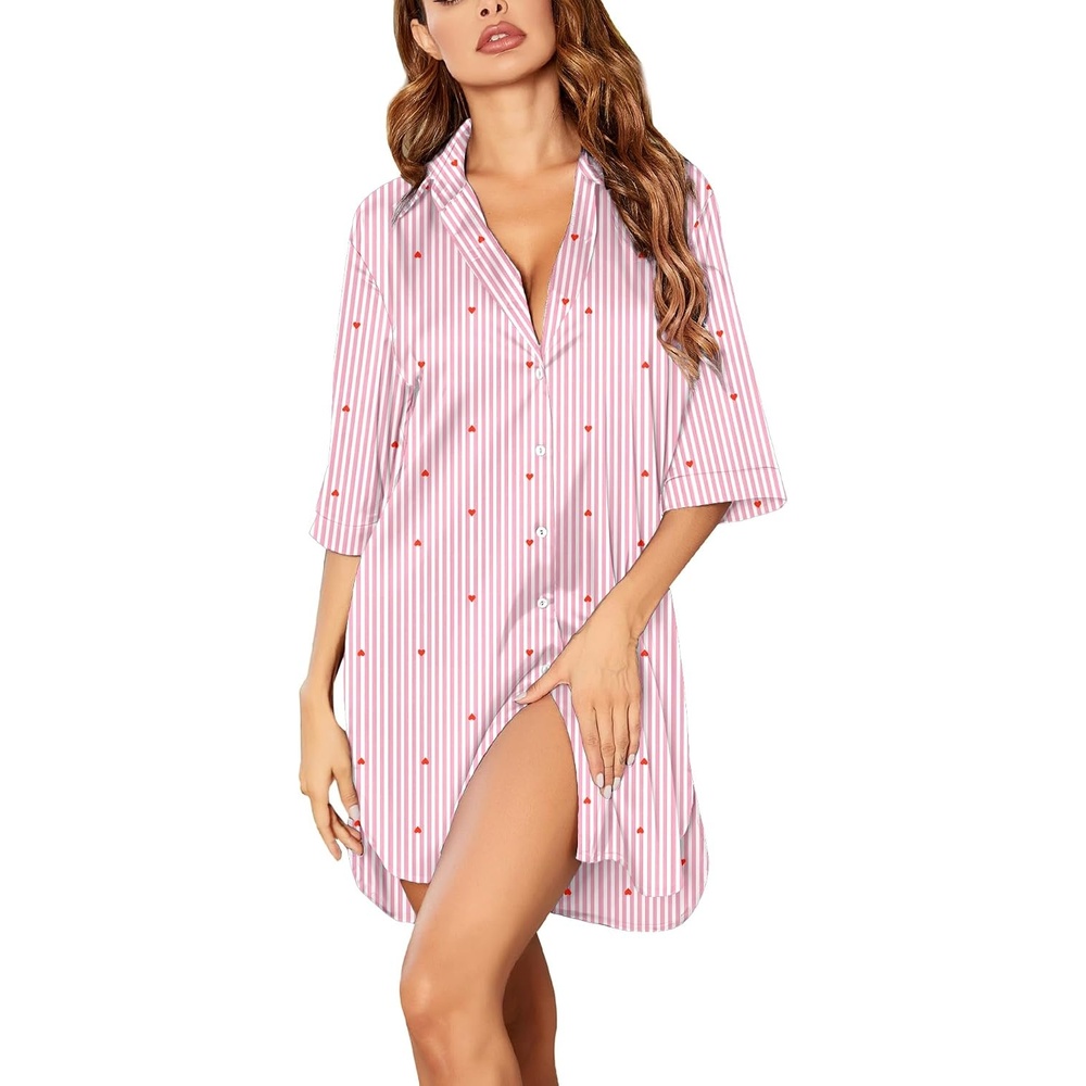 image:imageEkouaer Womens Satin Button Down Nightshirt 34 Sleeve Boyfriend NightgownStripes Heart