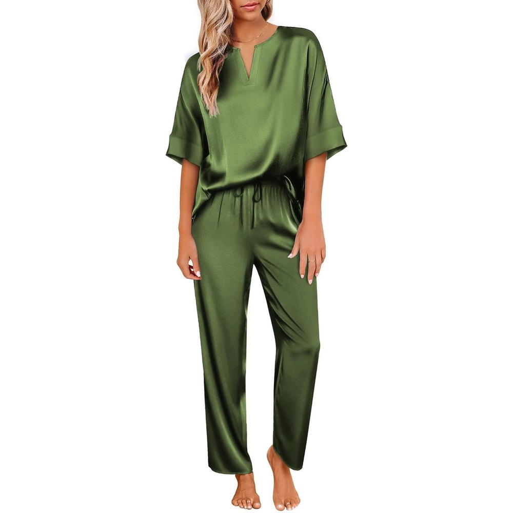 image:imageEkouaer Womens Satin Silky Pajama Set 2 Piece V Neck Silk Pjs with PocketArmy Green