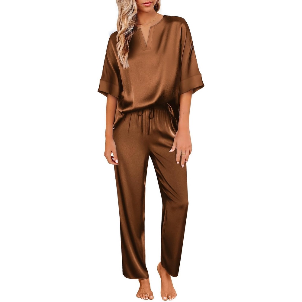 image:imageEkouaer Womens Satin Silky Pajama Set 2 Piece V Neck Silk Pjs with PocketBrown