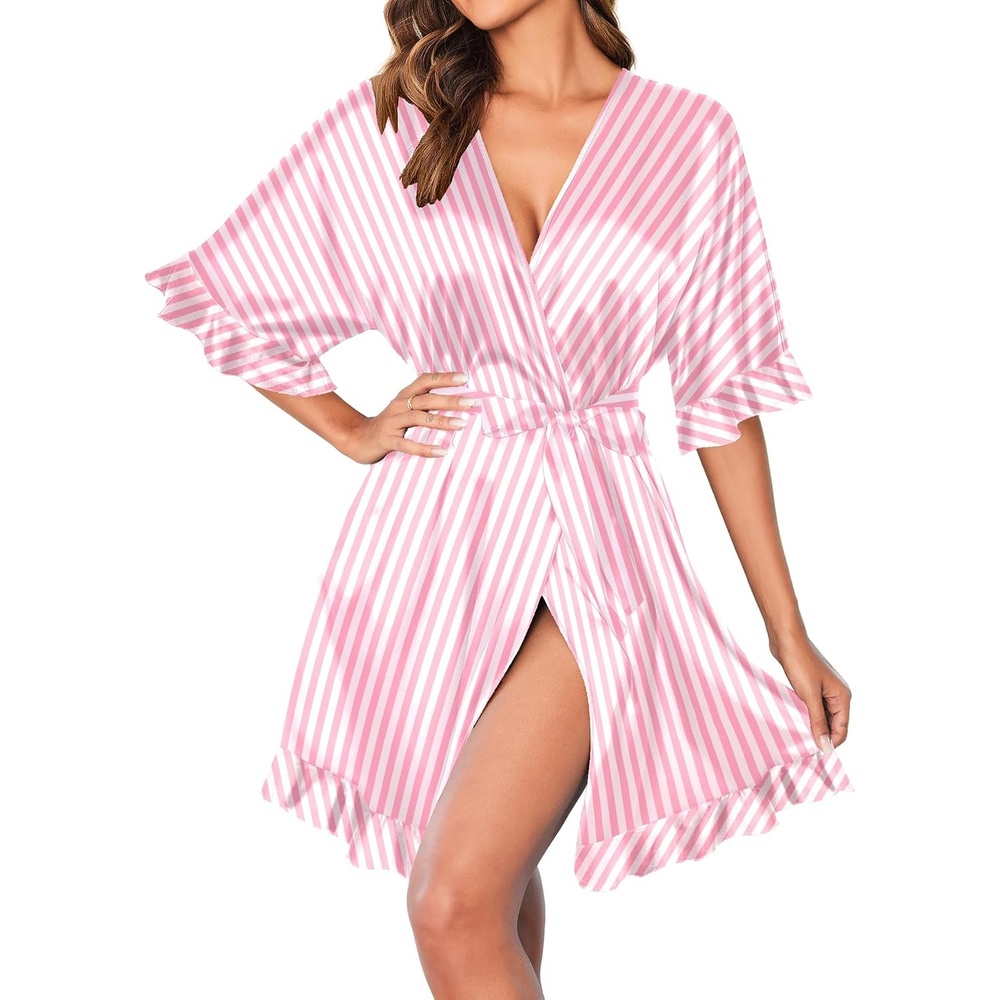 image:imageEkouaer Womens Silk Robe Short Satin Kimono Bathrobe Bridesmaid SleepwearPink White Stripes