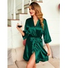Ekouaer Women Silky Satin Robe Lace Bridesmaid Bathrobes Kimono Loungewear(Dark Green)