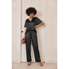 Ekouaer Women’s Satin Silky Pajama Set 2 Piece V Neck Silk Pjs with Pocket(Black)